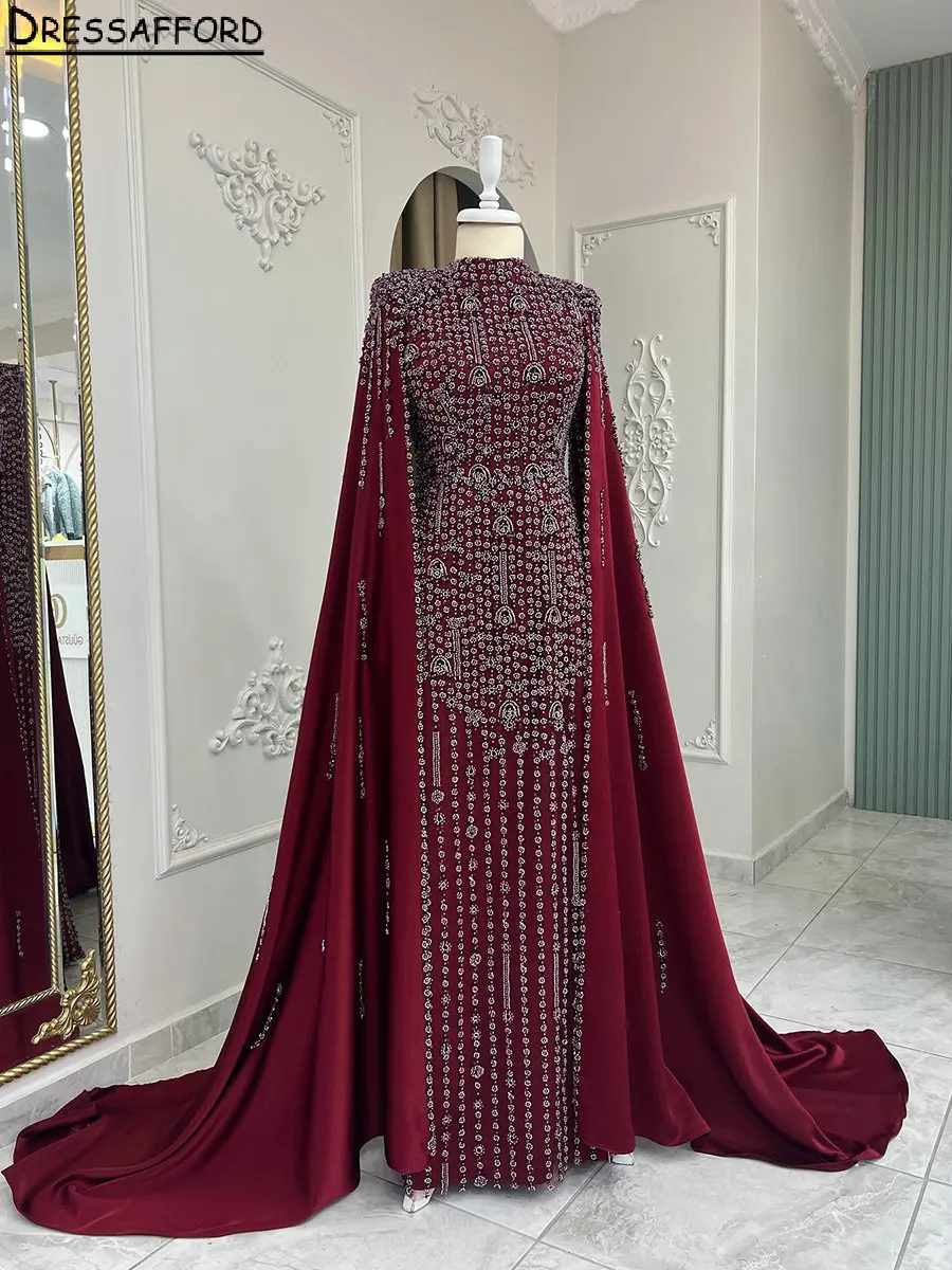 Burgundy Muslim High Neck Ribbons Dubai A-Line Evening Dress Long Sleeve Beading Crystal Formal Party Wear Gown