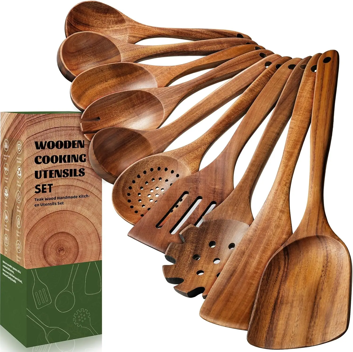 10-Piece Natural Teak Wooden Kitchen Utensil Set, Durable Non-Stick Cooking Spoons with Comfort Grip and Smooth Finish 1