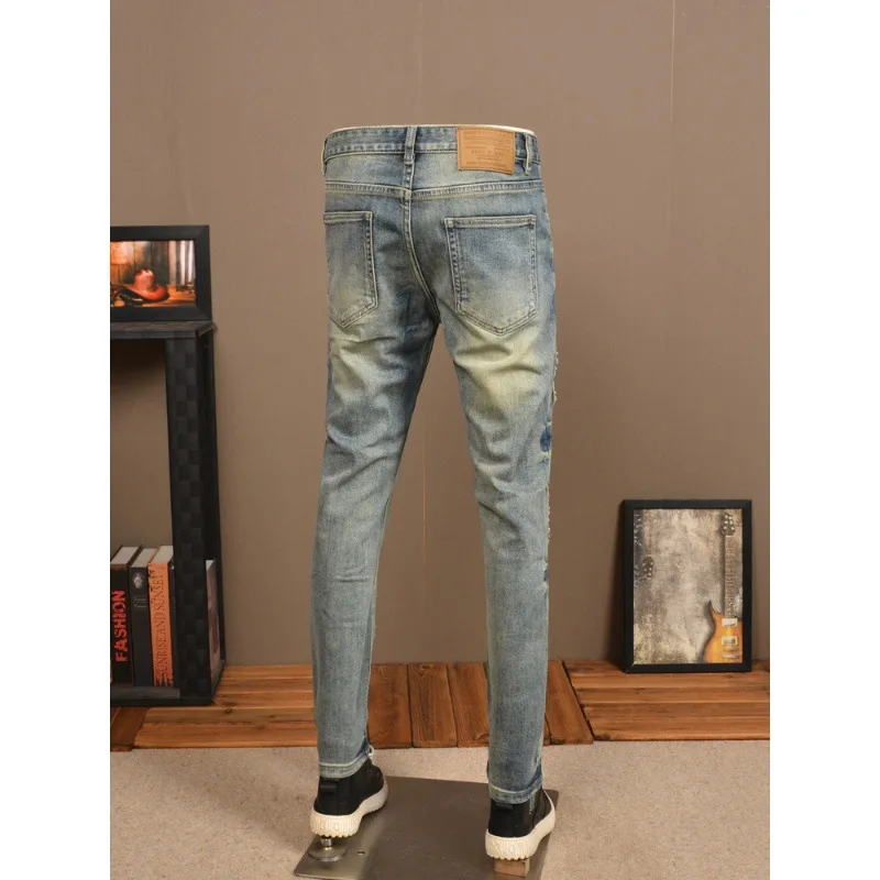 Vintage Vintage Ripped Men'S Jeans Hipster Stretch Straight Fit High-End Embroidered Scratch Patch Casual Denim Pants