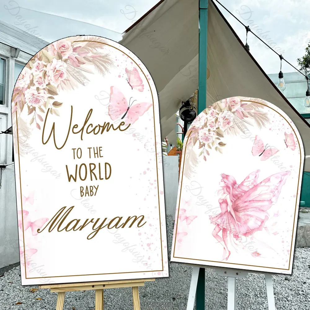 Pink Floral Butterly Welcome Sign Mosaic Board Boho Flowers Butterly Personalized Baby Shower Welcome Sign for Birthday Party