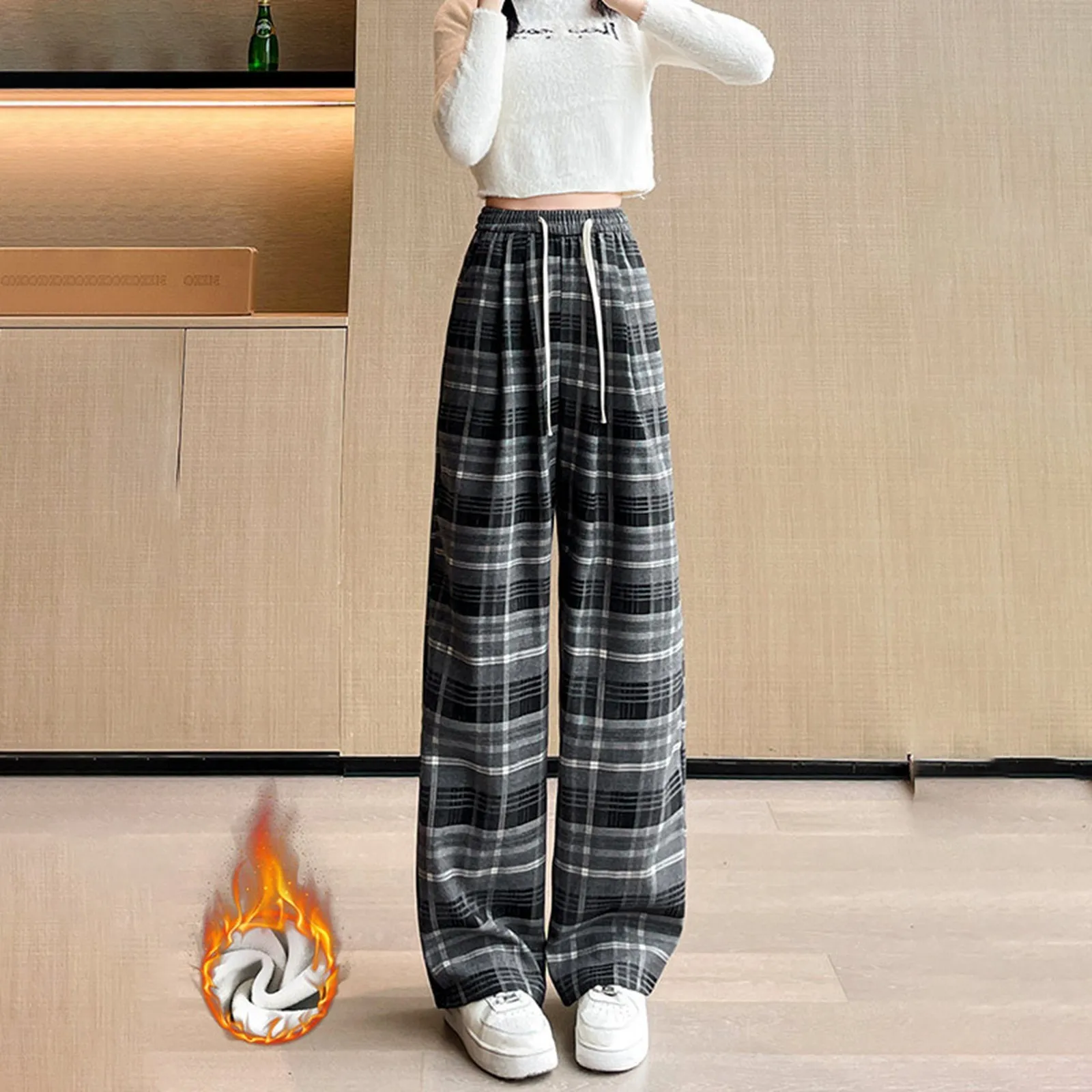 

Women's Retro American Plaid Pants With Fleece Thickened High Waist Sag Sense Of Thin Womens Business Casual Pants with Pockets