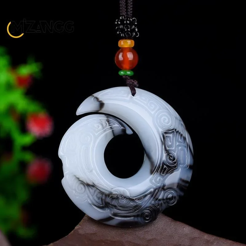 Natural Hetian Blue and White Jade Bagua Ruyi Pendant Smoke Blue