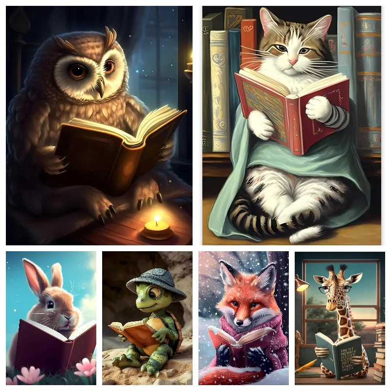 

Алмазная живопись для чтения кота, картина 5D «сделай сам», полная фотография, обучение, Сова, кролик, котенок, животные, Настенный декор, подарок