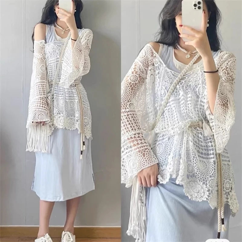 

Women Flared Long Sleeve Crochet Loose Swimsuit Cover Up Hollowed Knitted Flower Bohemian Tie Front Beach Short Dresses 066C