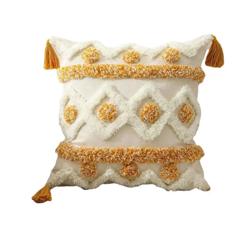 

Soft Hot Sale Tufted Square Shape Cushion Tufted Embroidery Pillow Case With Tassels Decoration Accept Customized