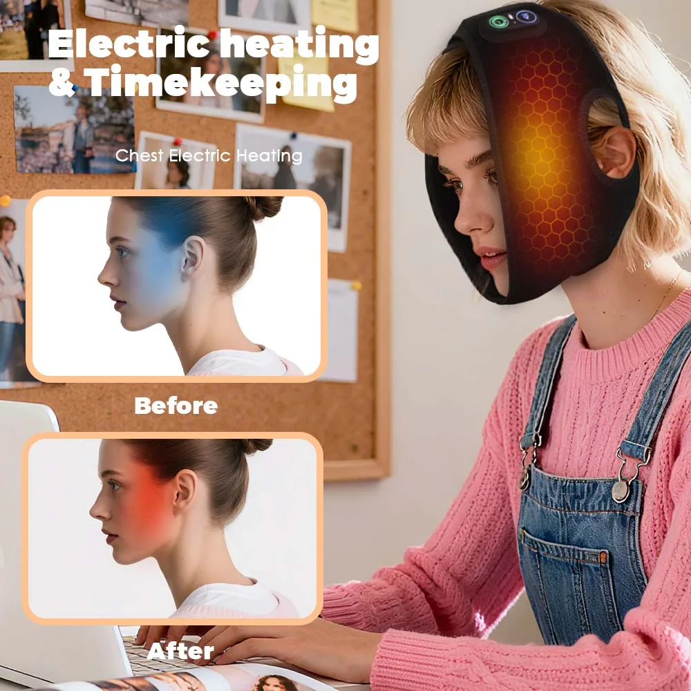 Face Heating Wrap for TMJ Jaw Relief Chin Cheek Bandage Facial Heating Strap with 3 Heat and Time Settings (80x16cm)