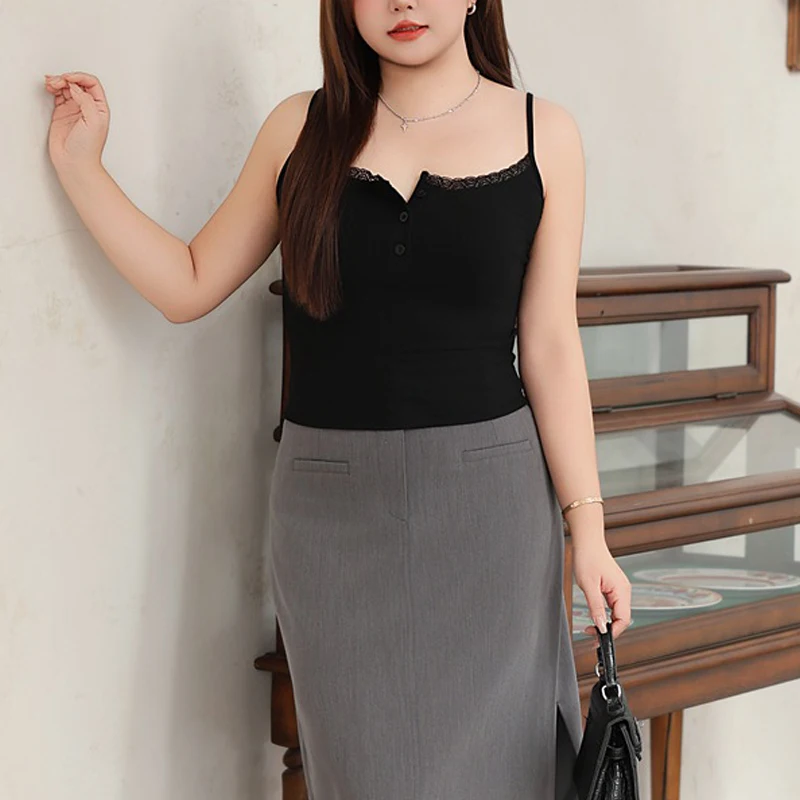 Plus Size Women's's Camis Premium Sexy Slim Modal Stretch Front Button Lace Comfort Top Autumn 2025
