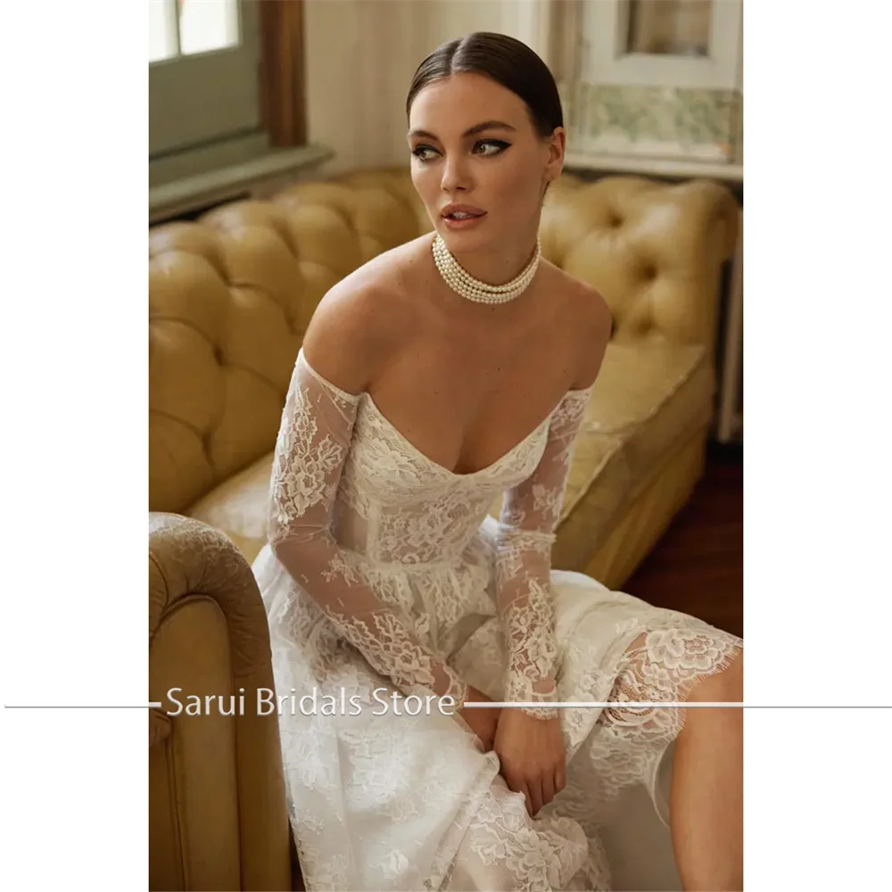 Customized Attractive Lace A Line Bride Wedding Dresses Off The Shoulder Long Sleeves Women Bridal Gowns Vestidos De Novia