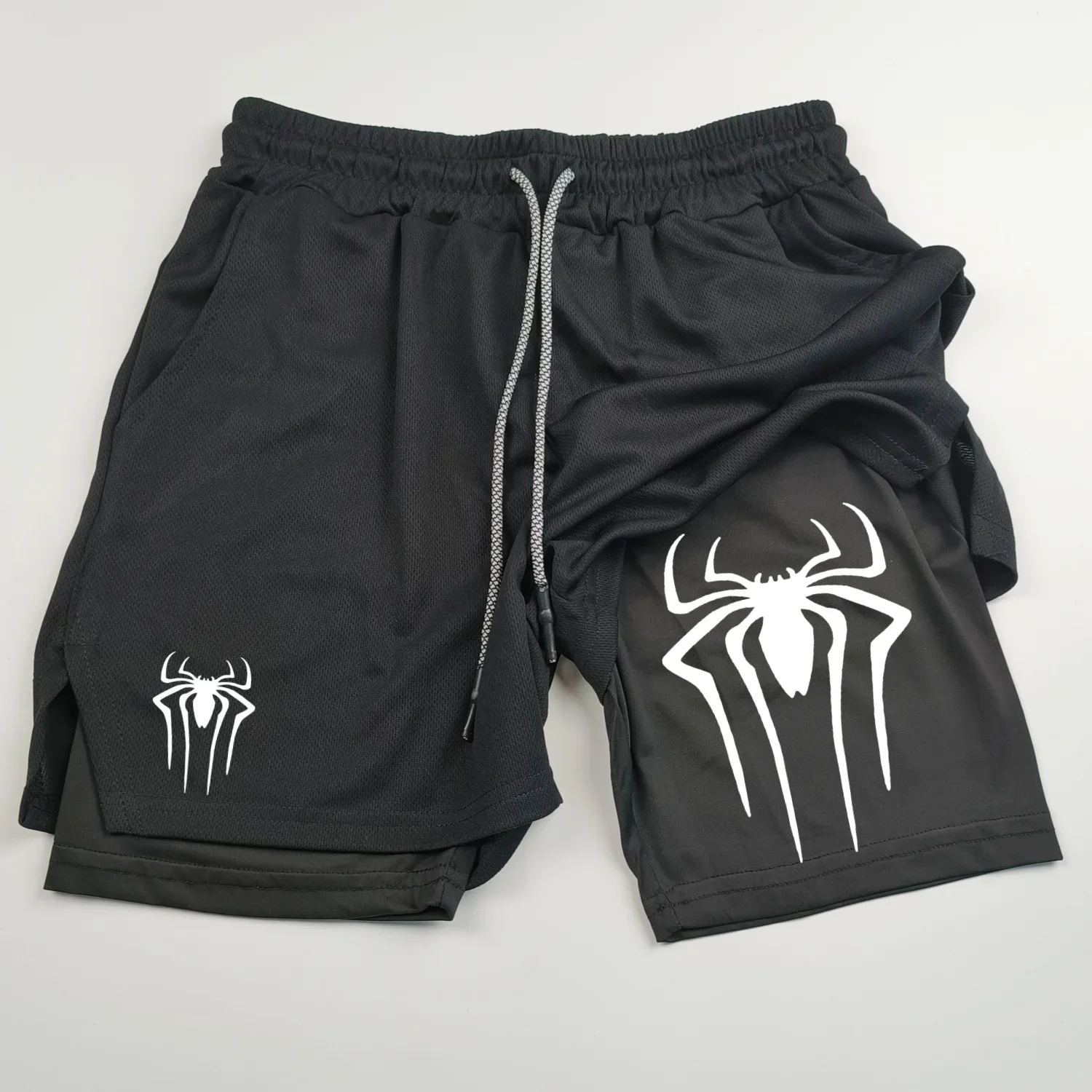 thumbnail image 2 of Pantalones cortos de compresión con estampado de araña para hombre, Shorts de entrenamiento atlético para gimnasio, Y2K, con bolsillos, 5 pulgadas, secado rápido, transpirables, 2 en 1, 2 of 5