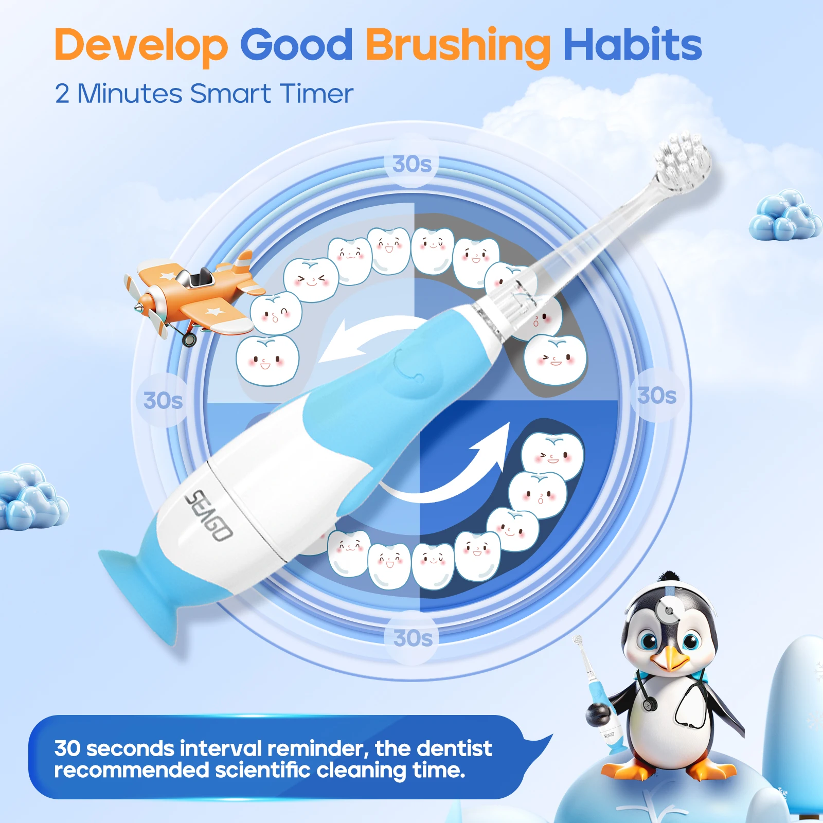 Kids Electric Toothbrush, Seago with 4 Replacement Brush Heads