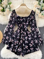 Korean New Spring Summer Women's Jumpsuit Dress V-neck Puff Sleeves Sweet Folds Slim Slimming Floral Wide-leg Shorts UK770 - Image 5