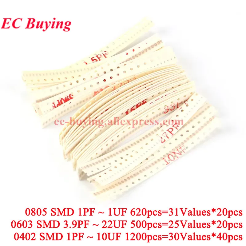 SMD Capacitor 500pcs-1200pcs 0805 0603 0402 1PF-1UF 3.9PF-22UF 1PF-10UF Components Package Assorted Kit Samples DIY smd capacitor
