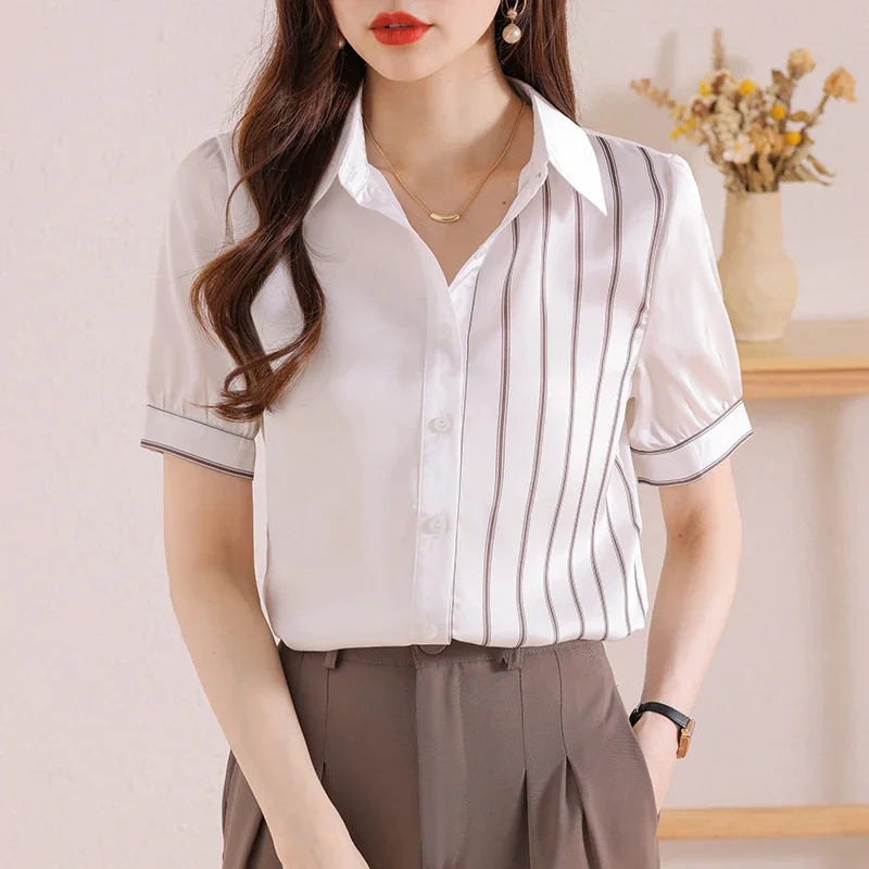 New Fashion Striped Short Sleeve Women Blouse and Tops Elegant Office  Summer Shirts Women Tops Turn Down Collar Clothing 25853