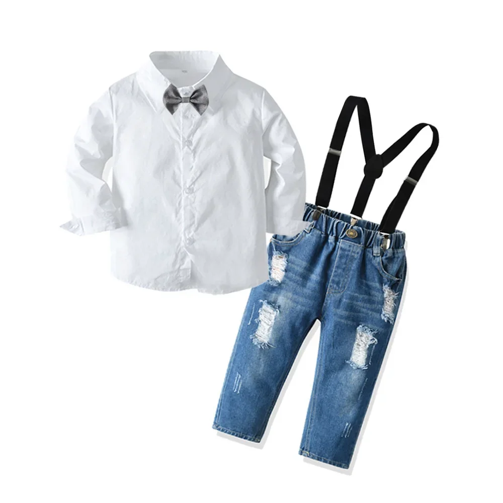 

New Fashion Baby Suit Childrens Suits 4Pcs/Set Kids Baby Boys Business Suit Solid Shirt+ Jean+Strap+Bow Set For Boys 1-6 Age