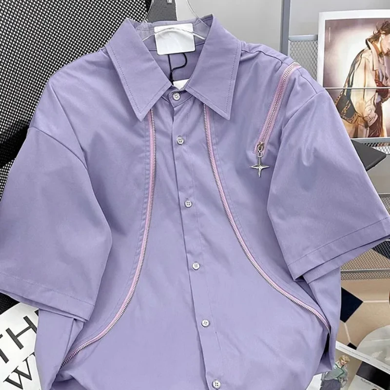 

EBAIHUI Summer New Shirt Vintage Purple Women's Short Sleeved Blouse Loose Flip Collar Korean Style Handsome Blusas