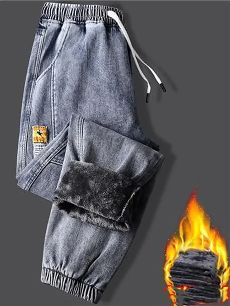 

2023 New Men's jeans Winter Fleece Jeans Thick Warm Denim Pants Men Streetwear Black Joggers Harem Jean Thermal Trousers