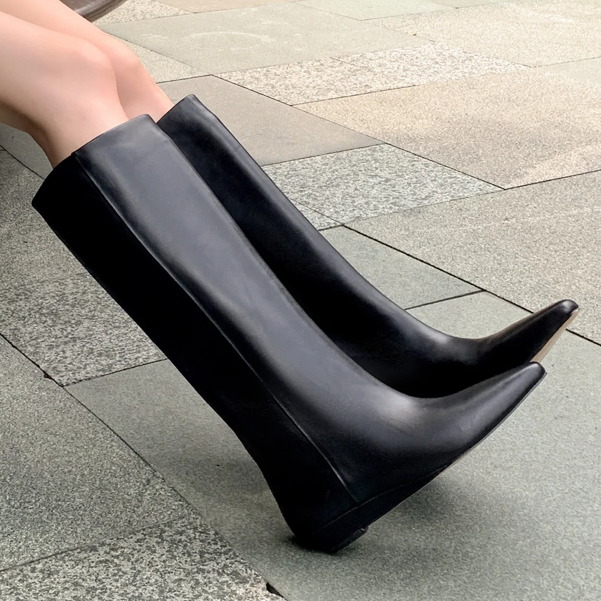 Arden Furtado Autumn fashion Cowhide Wedges riding black high boots square-head Low heel knee high boots wide calf Women's Boots