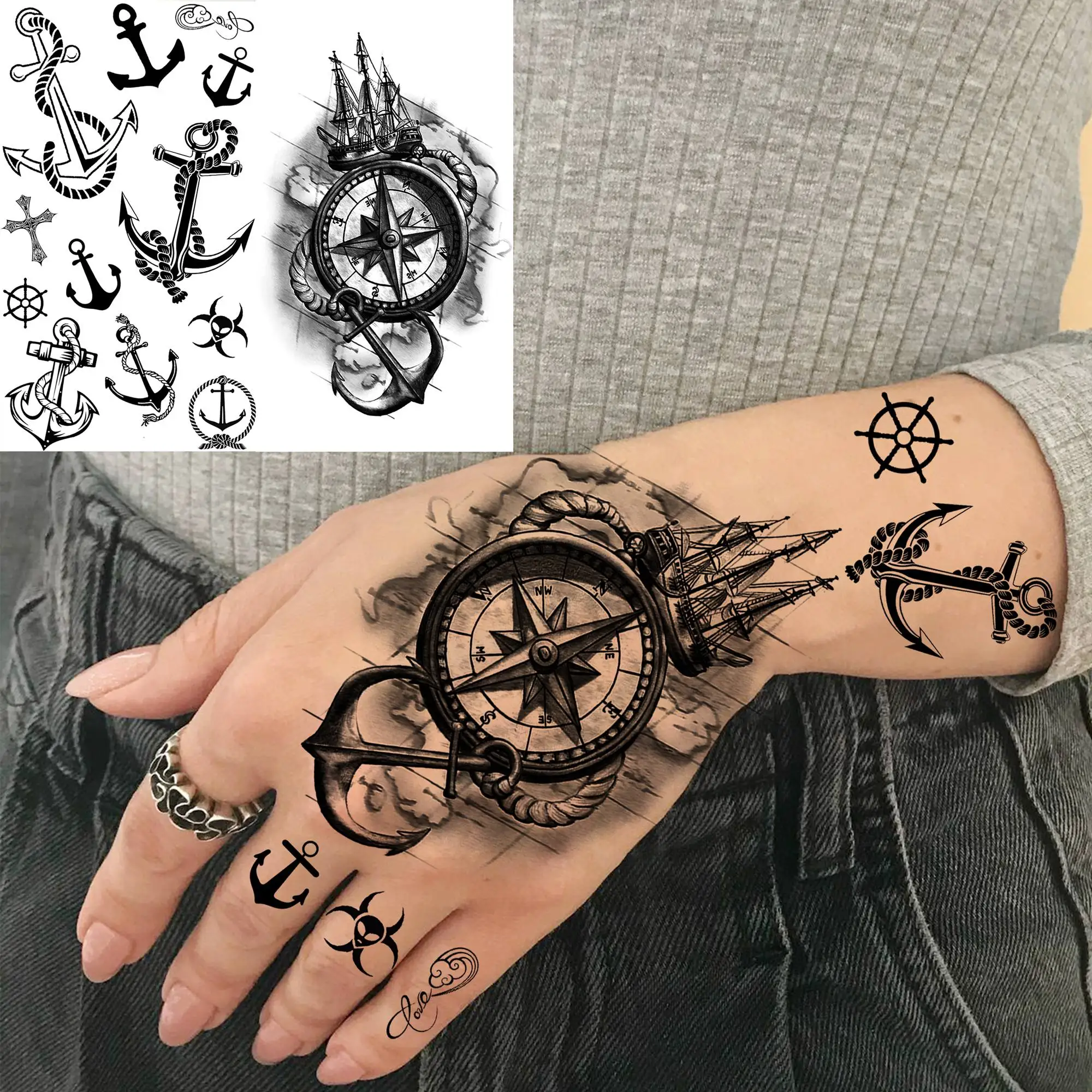 Nautical Pocket Watch Anchor Compass Tattoo Fake Sticker Women Mens Sailor  Arm | eBay