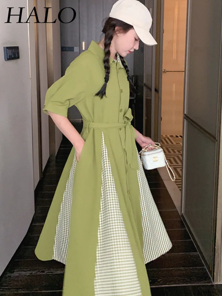 

HALO Elegant And Elegant Lapel Patchwork Dress Women's Single Breasted Split Plaid Pattern 2024 Spring And Autumn New Edition