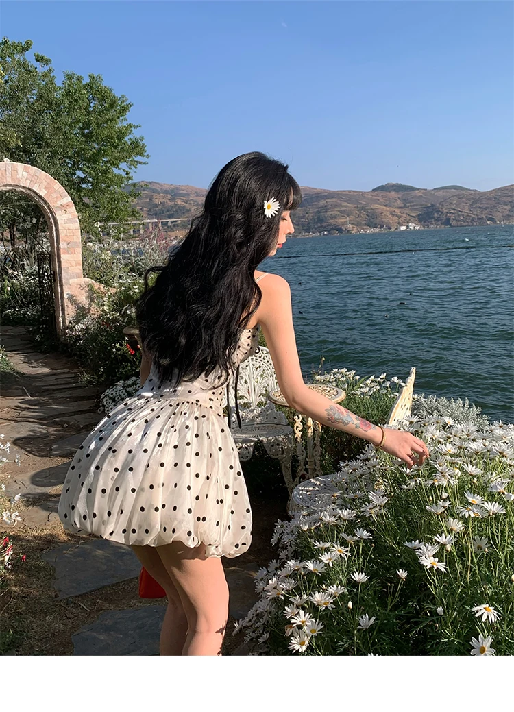 Polka Dot Birthday Party Dress Off Shoulder Puff Sleeve A-line Ball Gown Mini Dresses for Women Korean Fashion One Piece Vestido