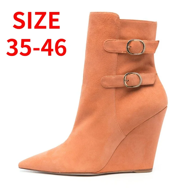 

2023 Autumn New Fashion Pointed Buckle Design Ankle Boots for Women Elegant Wedges High Heel Big Size Shoes 43 45 46 Mujer Boats