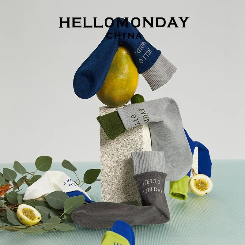 

34461 hello MONDAY in tube socks off two layers of male personality contrast color letters street sports sock
