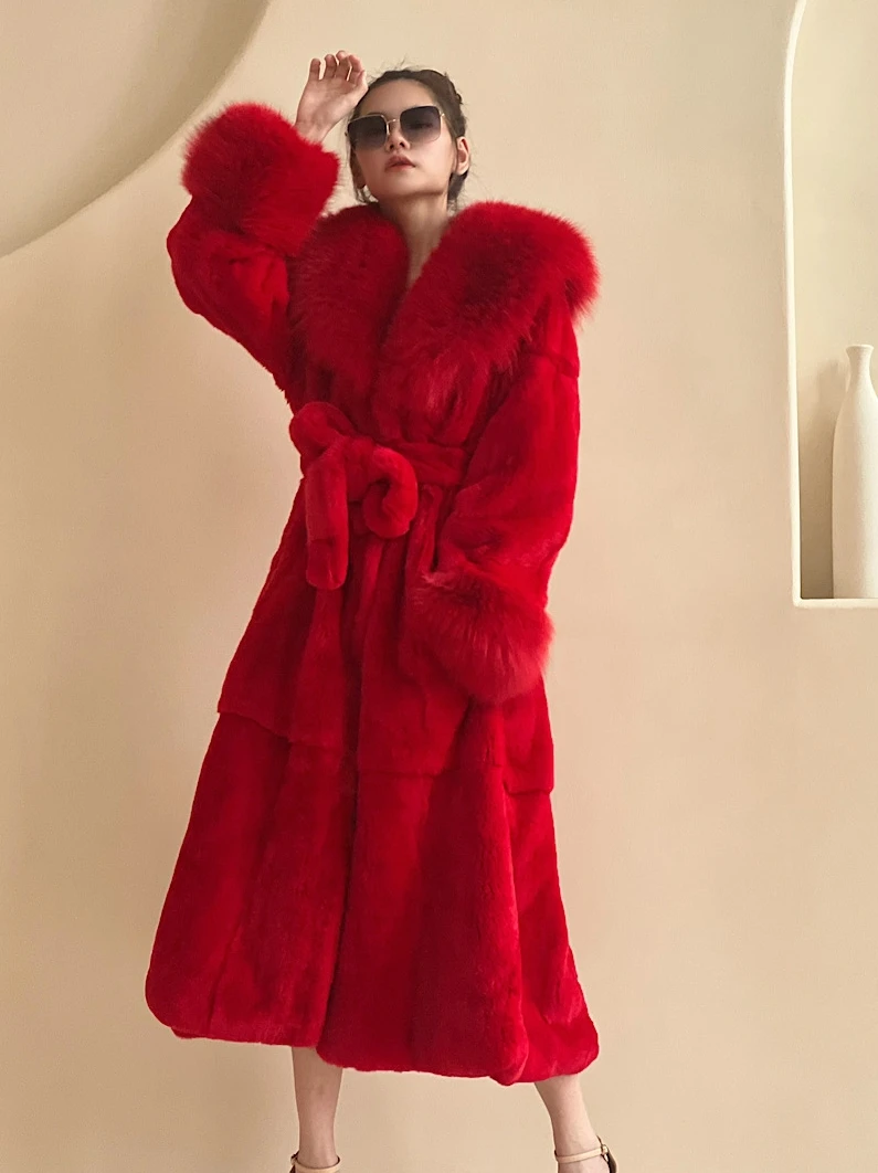 

New 2023 elegant Women long sleeve Real Fox Fur Collar Maxi natural fox fur coats Plus Size genuine fox fur outerwear YN05