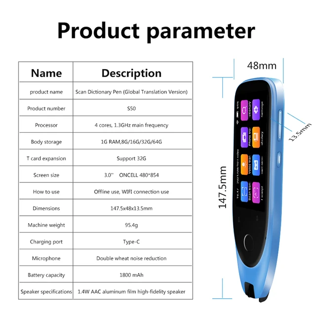 2022 S50 – traducteur de dictionnaire, stylo Scanner de texte, lecture de  116 langues, écran tactile, fonction hors ligne sans fil - AliExpress