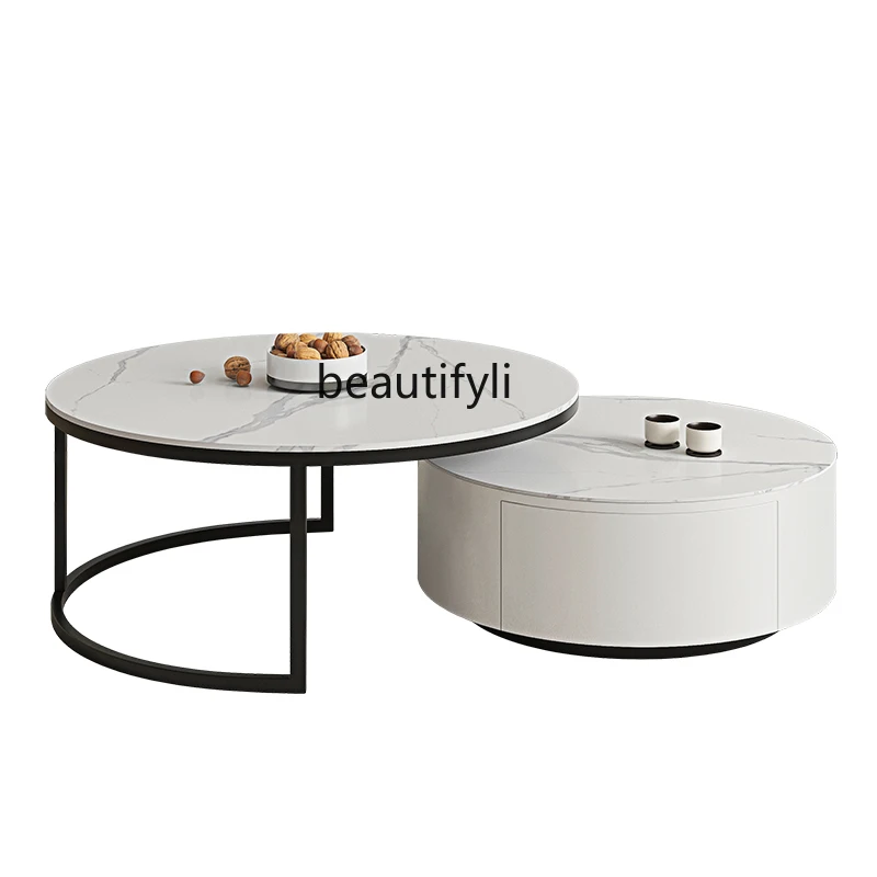 

Stone Plate Coffee Table Living Room Home Small Apartment Nordic Simple Retractable Modern Size round Combination furniture