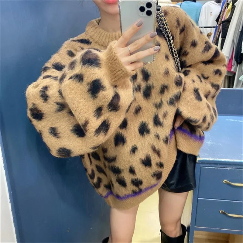 

Oversized Sweater Sueter Mujer Y2k Top Jumper Pullover Khaki Leopard Women Clothes Knit Green Printed Style 2023 New