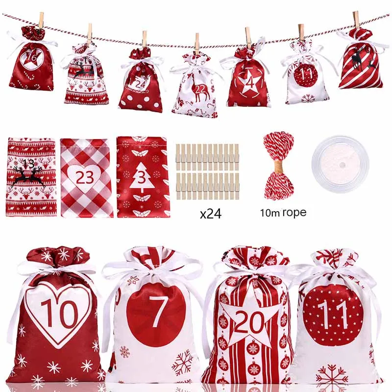 24Days Advent Calendar Bags DIY Paper Sticker Drawstring Gift Bag with Clip New Year Christmas Countdown Advent Bag navidad