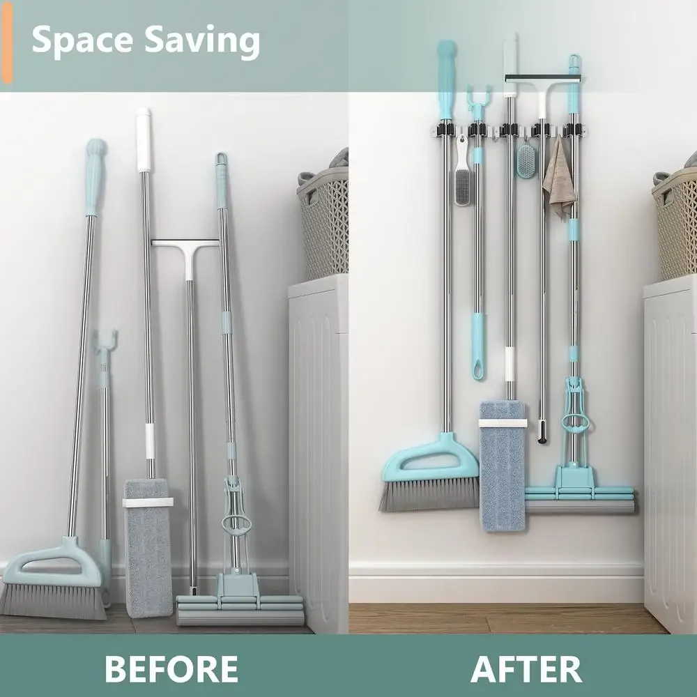 Description Picture 3 of item304 Stainless Steel Mop Broom Holder Wall Mounted Strong Self-Adhesive Kitchen Bathroom Waterproof Multi-Purpose Hanger Hook