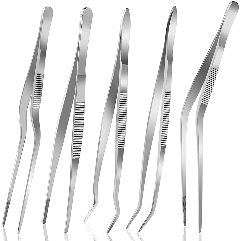 Pinzette da cucina con punte seghettate di precisione, 2 pezzi, 25,4 cm, in acciaio inox, utensili da cucina professionali per barbecue, placcatura e servizio (argento