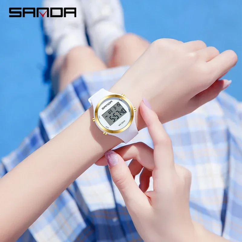SANDA 2147 Montre numérique élégante et étanche pour femmes, chronographe LED, montre-bracelet de sport pour femmes, cadeau pour garçons et filles_voghion.com