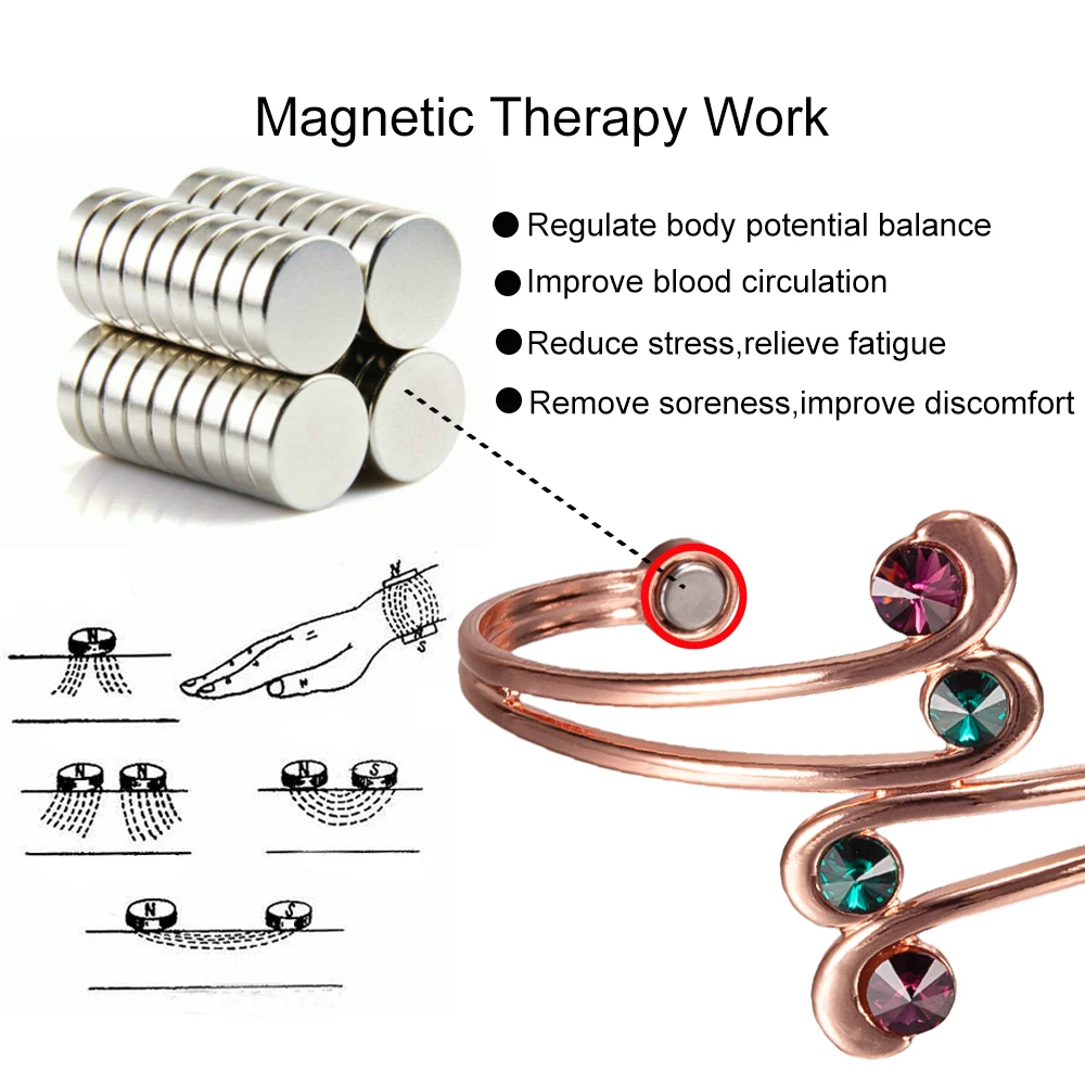 Pure Copper Bracelets Magnetic Therapy Irregular Zirconia Cuff Adjustable High Magnets Bangles Women