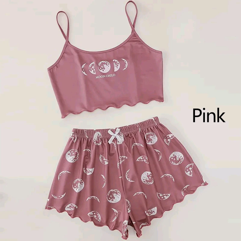 Women's Pajamas Set Sleepwear 2 PCS Camisole And Shorts S M L Pink Ventilate Soft Casual Earth Print