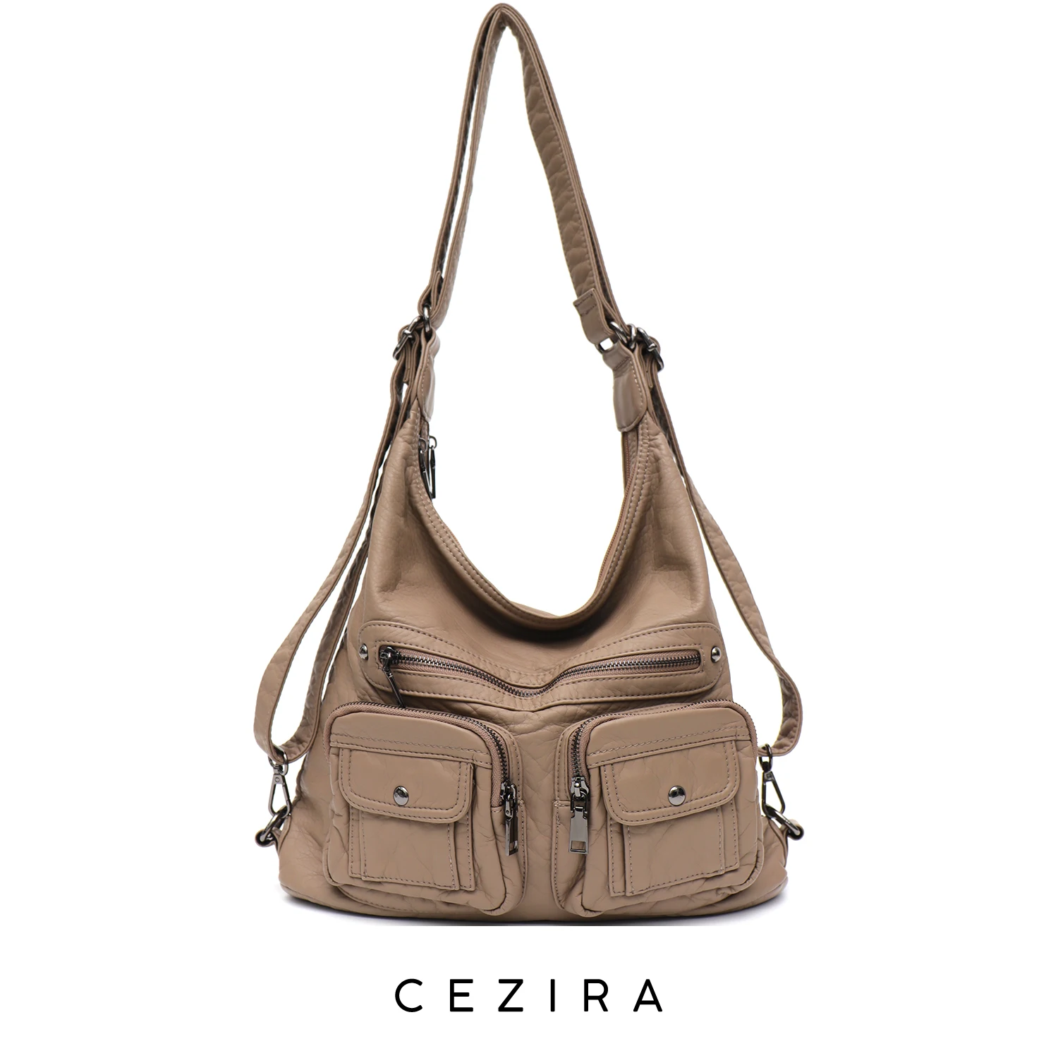 

CEZIRA Soft Washed PU Vegan Leather Women Backpack Fashion Slouchy Casual Shoulder Bags Functional Pockets Travel Knapsack Large