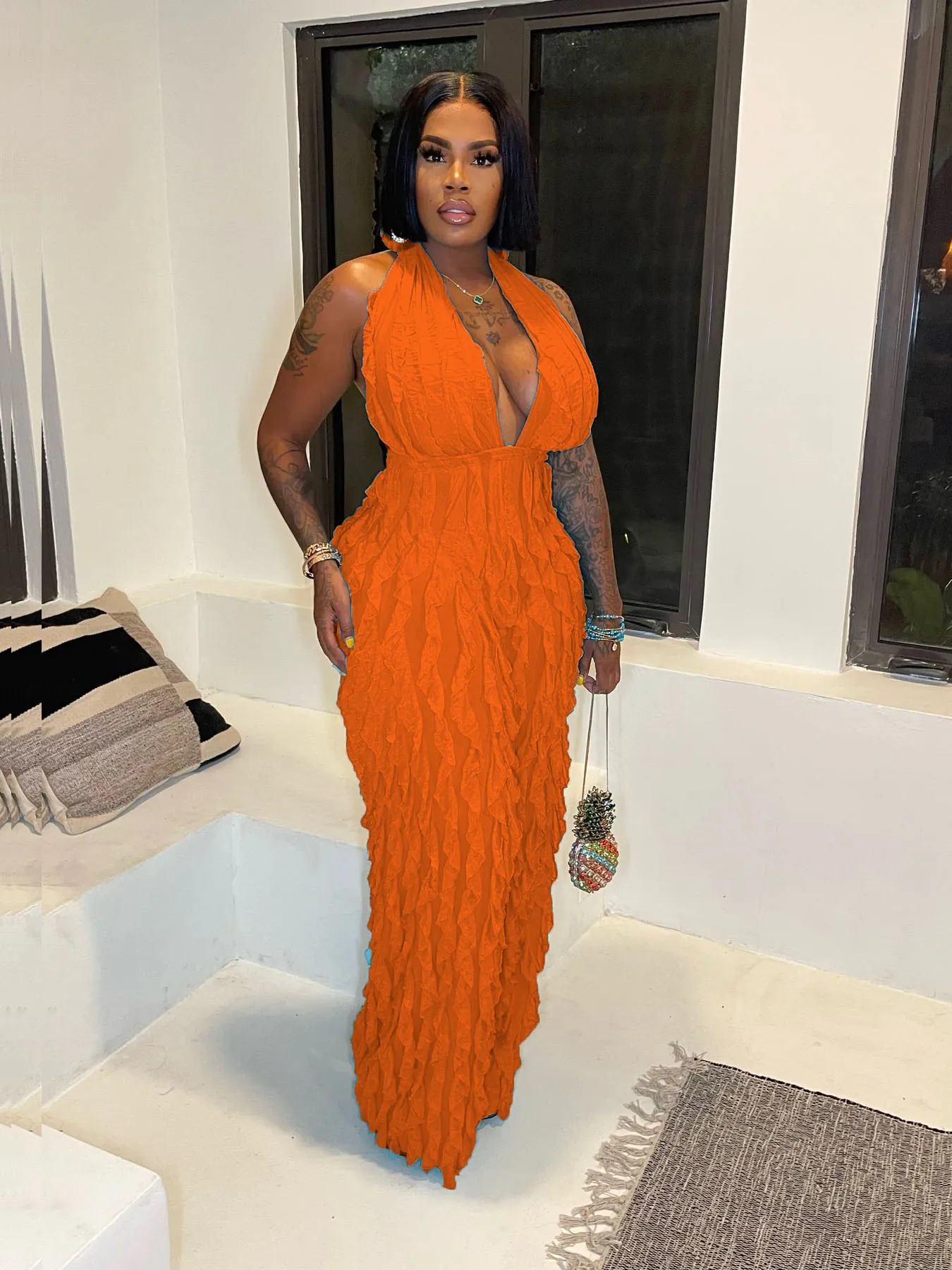 Women's Sheer Mesh Ruffles Halter Deep V-neck Sleeveless Wave Jumpsuits Wide Leg Rompers 2023 Playsuit Sexy Party Clubwear