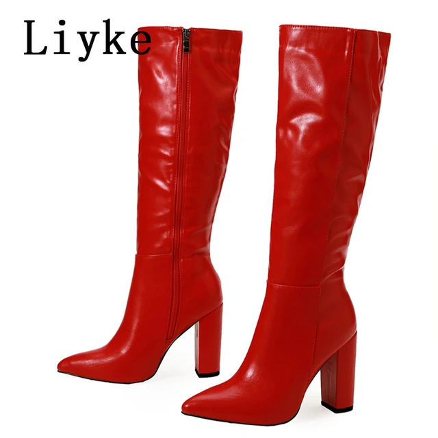 Liyke Fashion Runway Red White Women Knee High Boots Sexy Pointed Toe