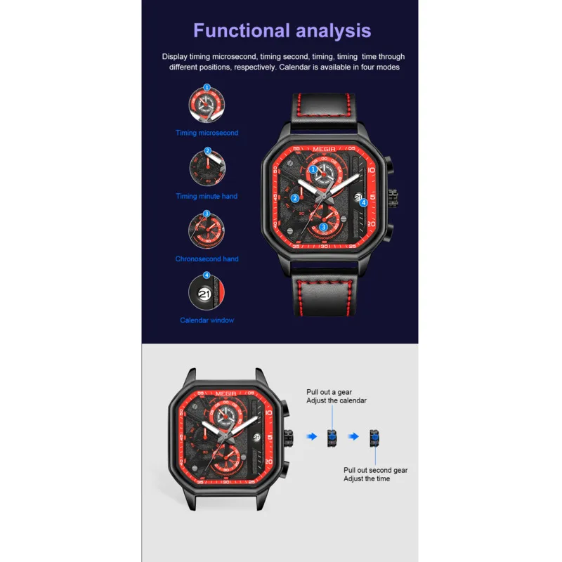 Quartz Watch For Men Fashion Squre Sport Chronograph Luminous Military WristWatches Leather Luminous Date Clock Reloj Hombre