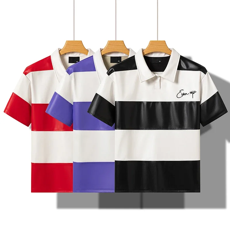 Splice Color Stripe Pu Leather Lapel Collar T Shirt Black Purple Red Polo Shirt Men Women High Street Casual Short Sleeve Tops 14 S9bf4126720334f308720ec321ba2d19eM