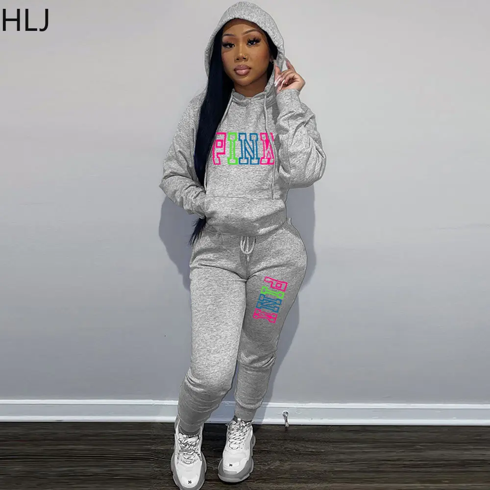 

HLJ PINK Letter Print Hoody Tracksuits Women Long Sleeve Sweatshirt And Jogger Pants Two Piece Sets Casual Matching 2pcs Suits