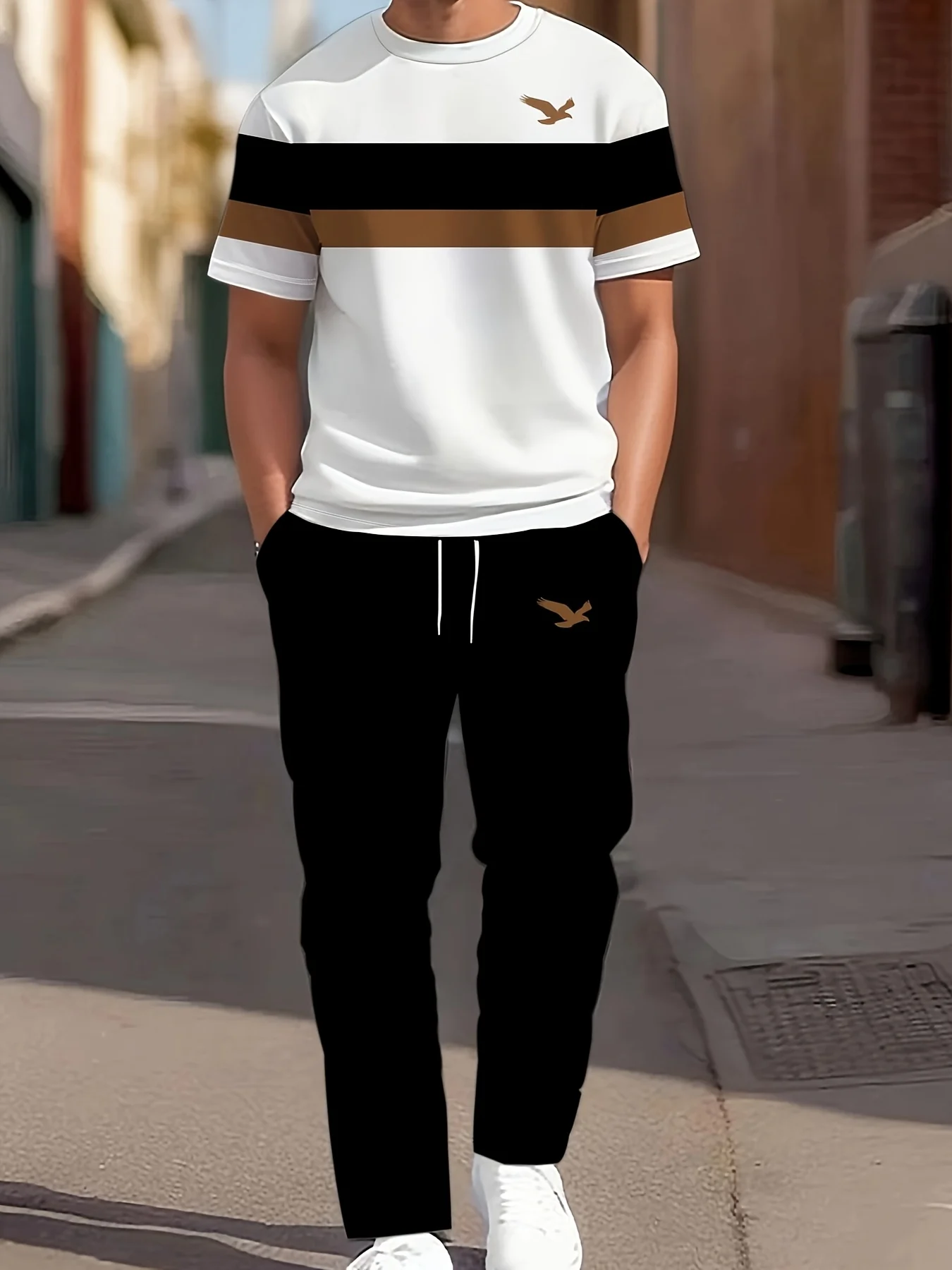 The new men's set for summer 2025 featuring 3D striped prints is a casual and fashionable outdoor sportswear