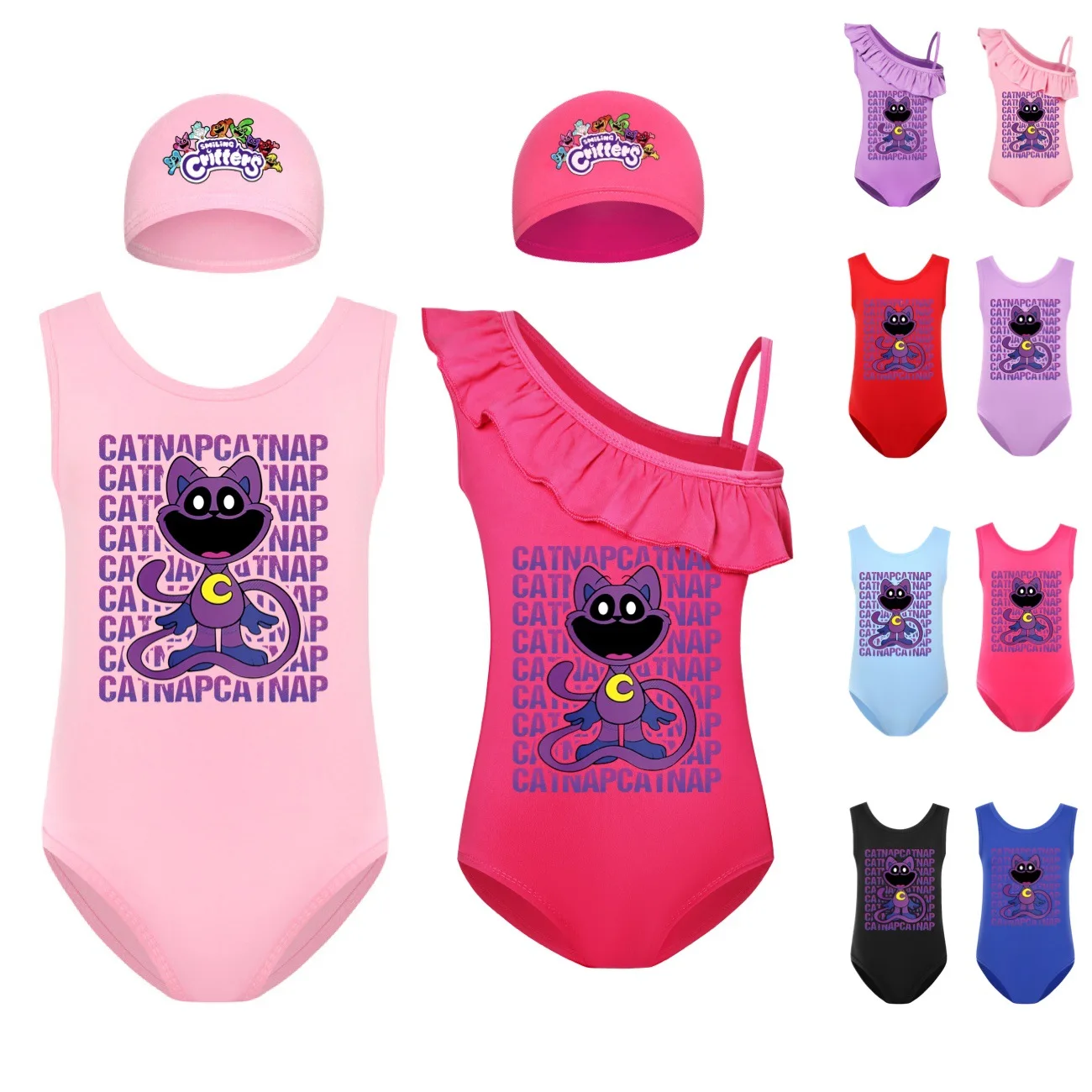 New Smiling Critters Swimwear Kids Cartoon Beachwear Con Berretto 2 Pezzi Set Senza Maniche Nuoto Toddler Girls Cartoon Catnap Costume Da Bagno