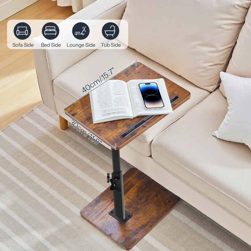 Vintage brauner C-förmiger Beistelltisch – höhenverstellbar 360° ° Drehbarer Sofa-Schreibtisch mit Getränkehalter und Tablet-Schlitz – Detail 2