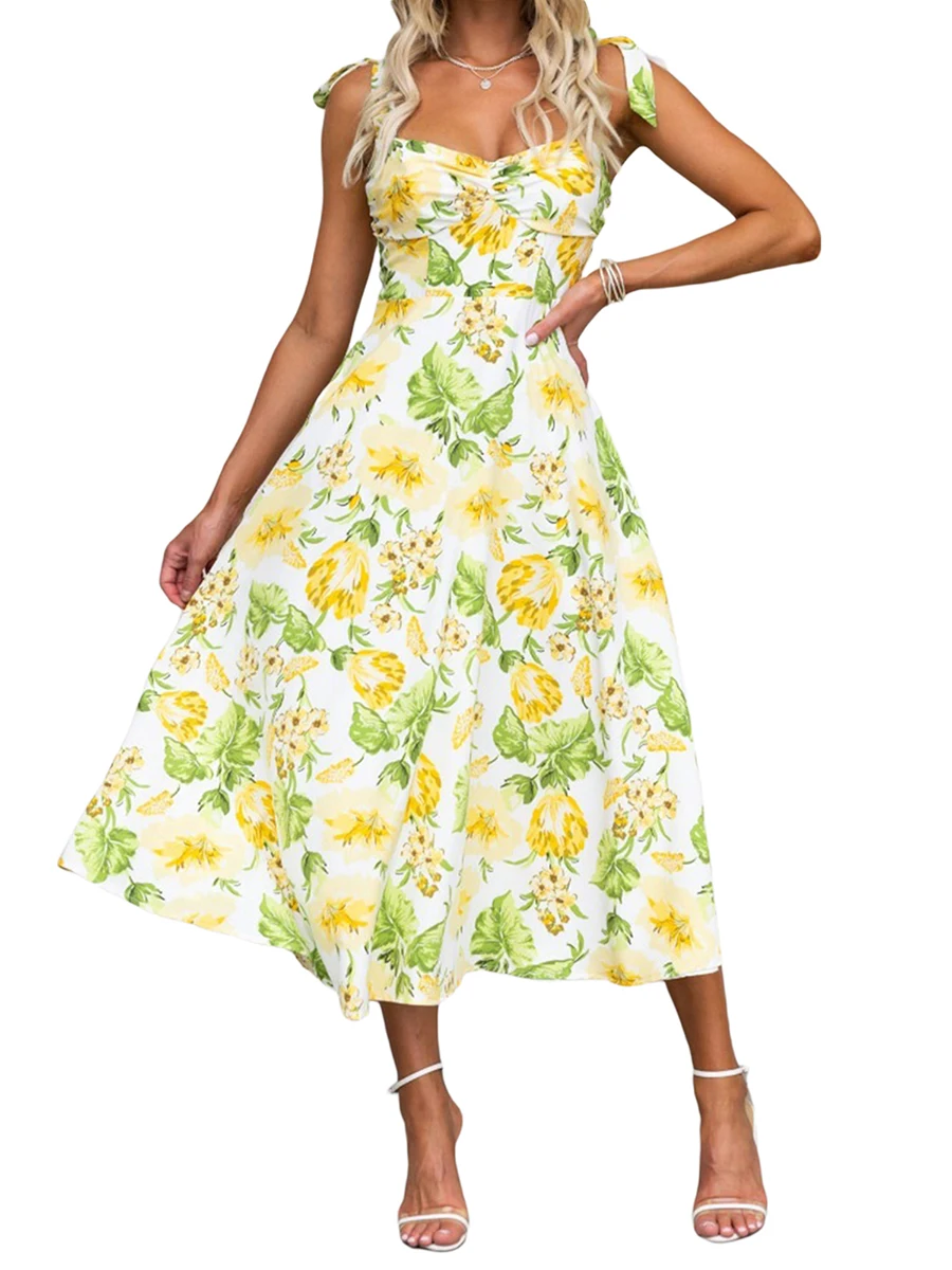 

Women's Summer Midi Dress Sleeveless Tie Shoulder Strap Floral Print Flowy A-Line Dresses Female Casual Party Holiday Dress y2k