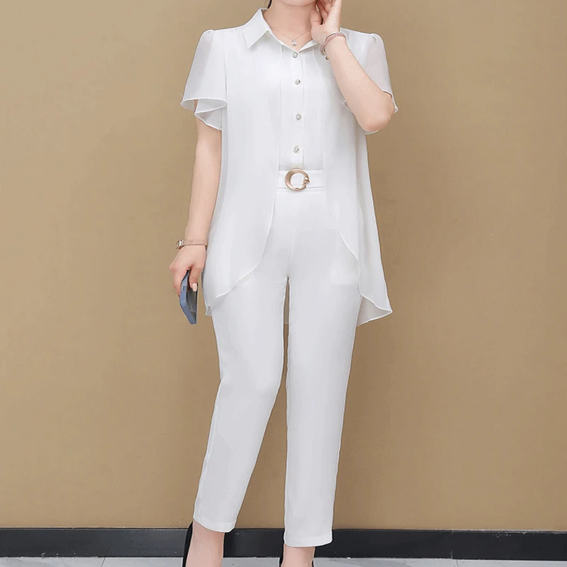 2023 Summer New Solid Color Fashion Causal Polo-Neck Single-breasted Spliced Small Foot Harun Short Sleeve Slim Ladies Suits