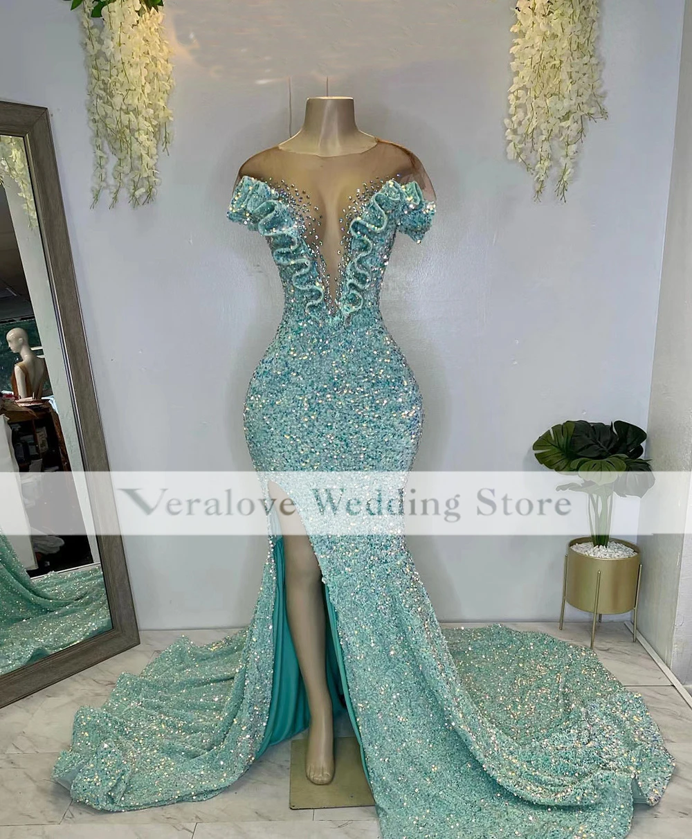 Mint Green Sparkly Sequins Prom Dress Mermaid 22 Sexy Slit Black Girl Occasion Evening Party Wear Robe De Soiree De Mariage Aliexpress