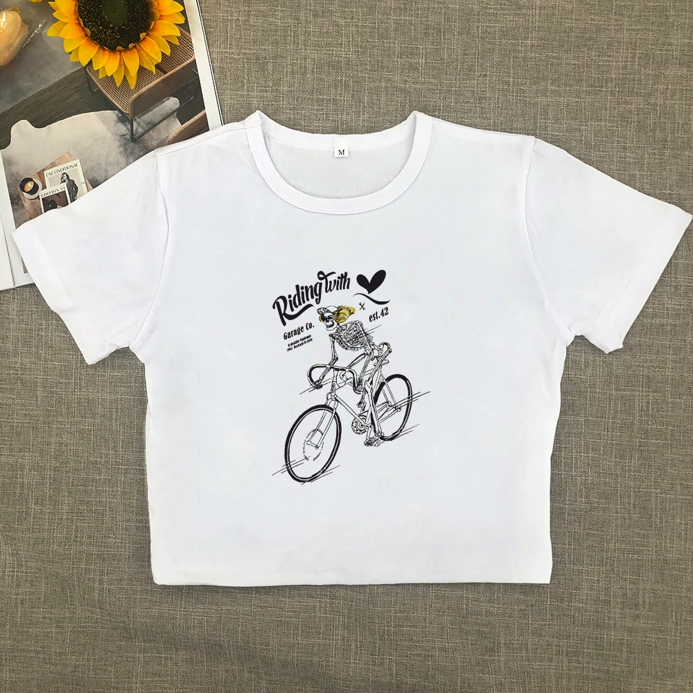 Women's T-shirt hot sell motorcycle and monogram print custom T-shirt baby tee