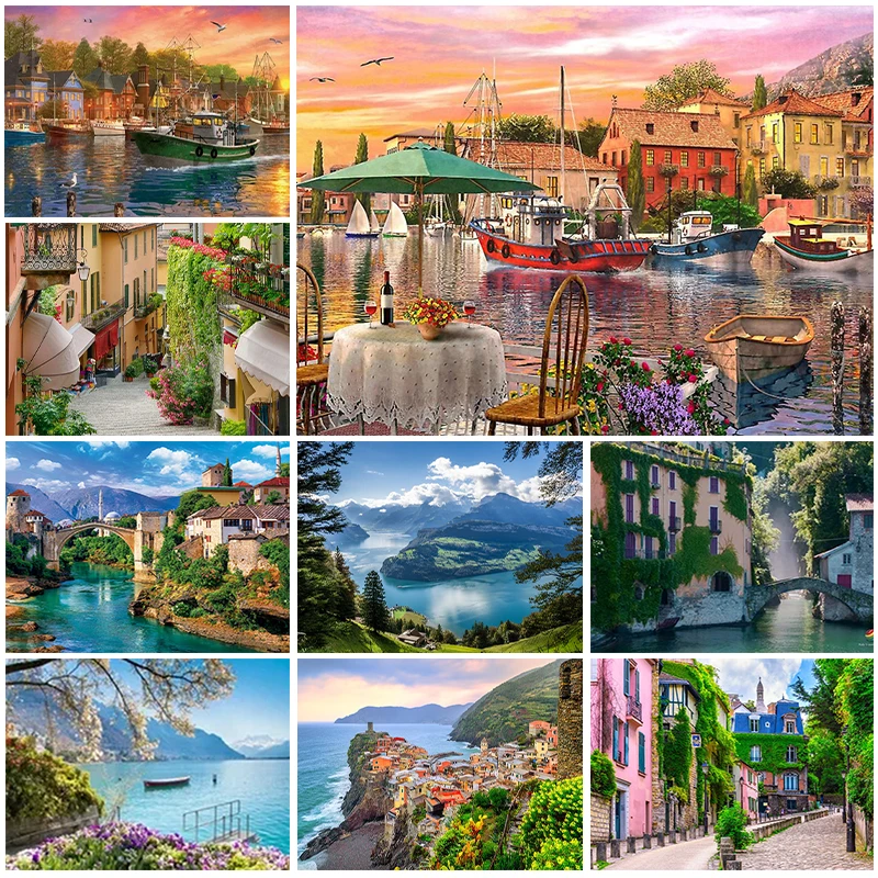 

Пейзаж 5D алмазная живопись аниме Город река лодка алмазная живопись инкрустированная полностью Алмазная вышивка живопись украшение для дома